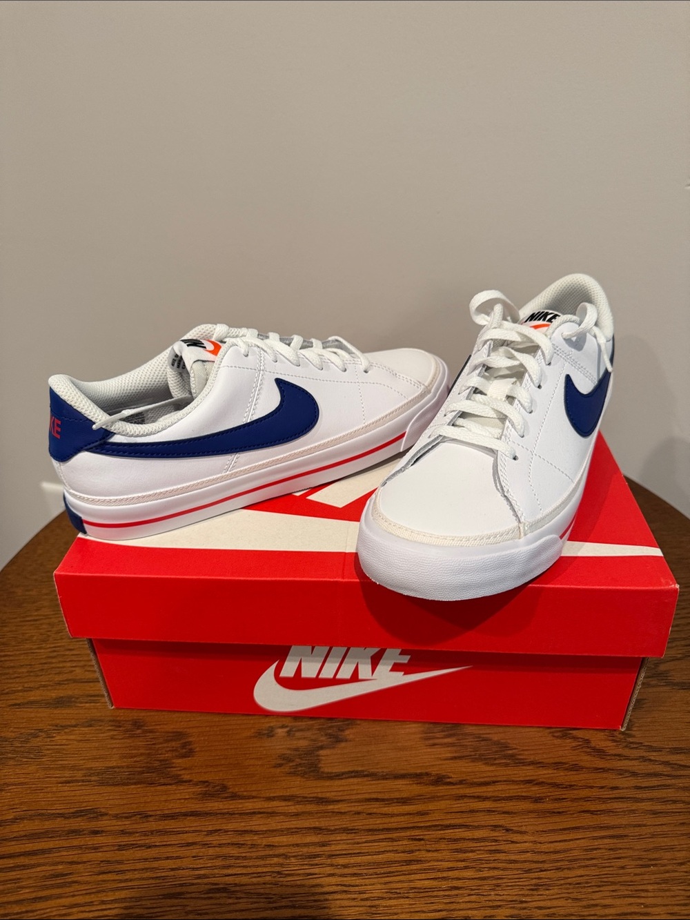 Nike White Low-Top Sneakers with Navy Swoosh and Red Trim